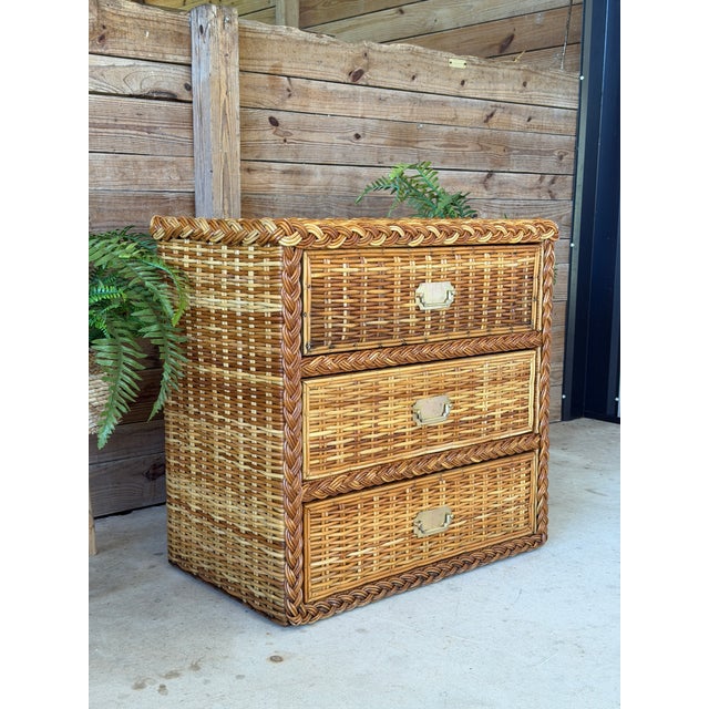 Vintage Woven Rattan Three-Drawer Chest With Braided Trim and Brass Hardware For Sale - Image 11 of 11