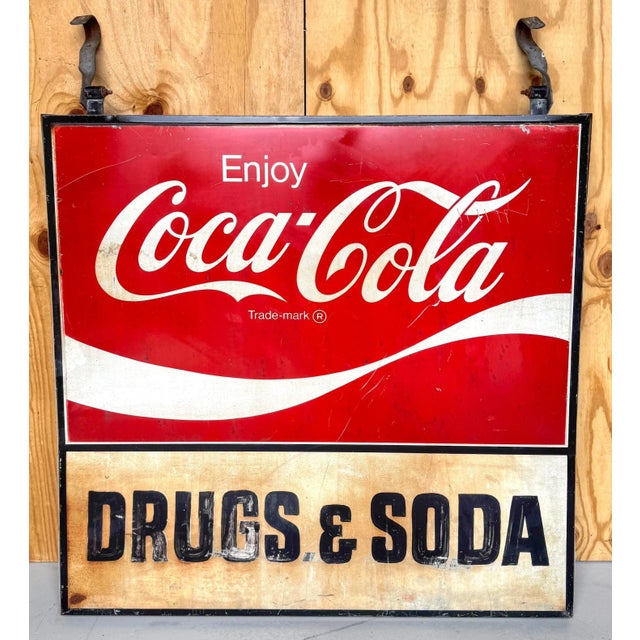 Metal 1960s Coca-Cola Trade Sign 'Drugs & Soda' From WPB, Florida Clematis Street For Sale - Image 7 of 12