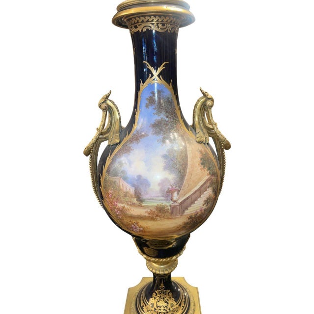 Blue Monumental 19th Century Sèvres Porcelain Lidded Urn With Gilt Bronze Mounts For Sale - Image 8 of 11