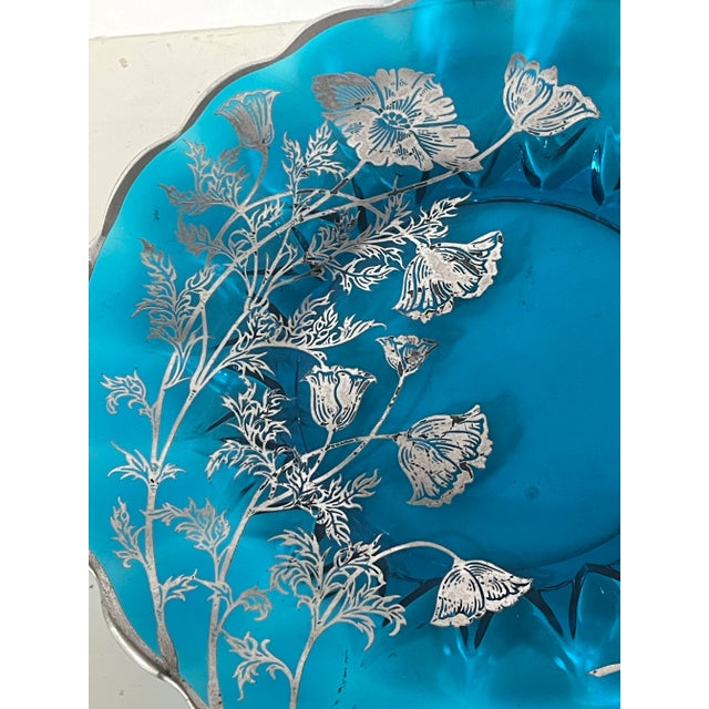 1920s Art Nouveau Blue Glass Plate With Silver Poppies For Sale - Image 5 of 7