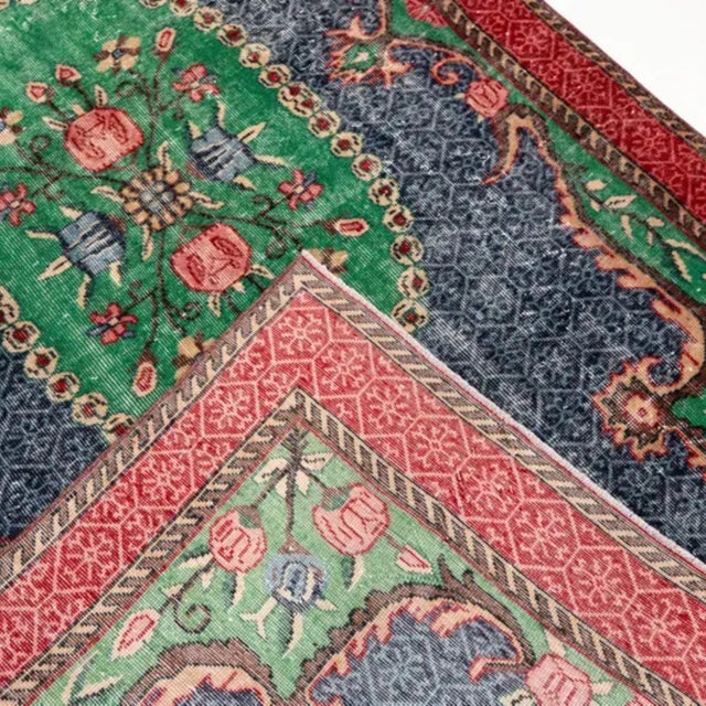Vintage Distressed Turkish Isparta Rug 5'6" X 9'2" Hand-Knotted Wool, Navy Green Red Rose Medallion Art Deco Design For Sale - Image 9 of 9