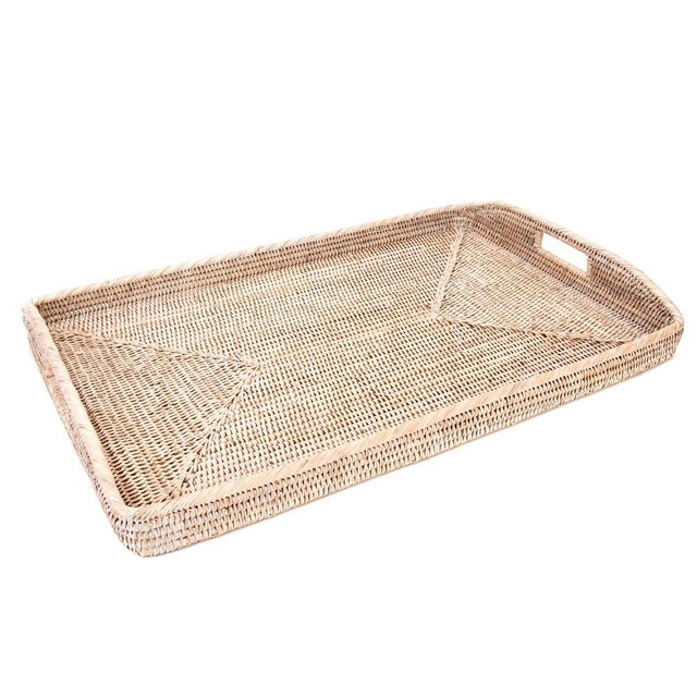 Boho Chic Artifacts Rattan Rectangular Ottoman Tray with High Handles in White Wash - 28" For Sale - Image 3 of 6