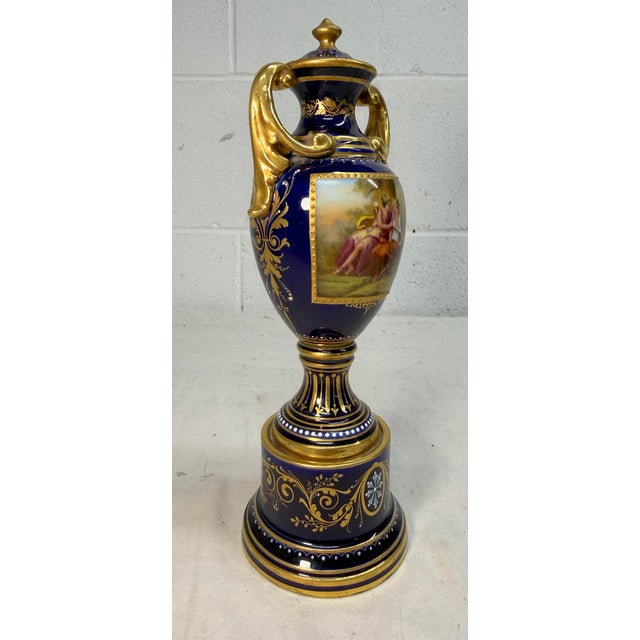 Antique Hand Painted Royal Vienna Porcelain Cobalt Gold Lidded Vase Mini Urn For Sale - Image 11 of 18