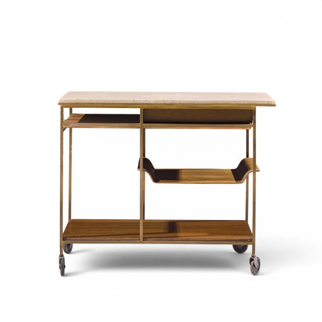 Paul McCobb for Calvin Irwin Collection Mid Century Travertine, Brass and Mahogany Bar Cart For Sale - Image 10 of 12