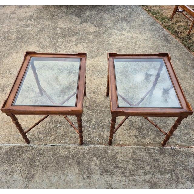 Wood Mid-20th Century Vintage Lane Faux Bamboo Wood & Glass Side End Tables, a Pair For Sale - Image 7 of 13