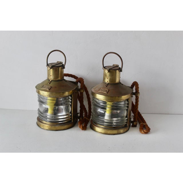 Vintage British Brass Glass Rope Marine Masthead Light Lantern Lamps-a Pair For Sale - Image 4 of 17