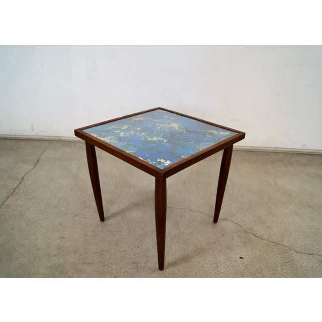 Wood 1960’s Mid-Century Modern Walnut & Foil Glass Side Table For Sale - Image 7 of 12