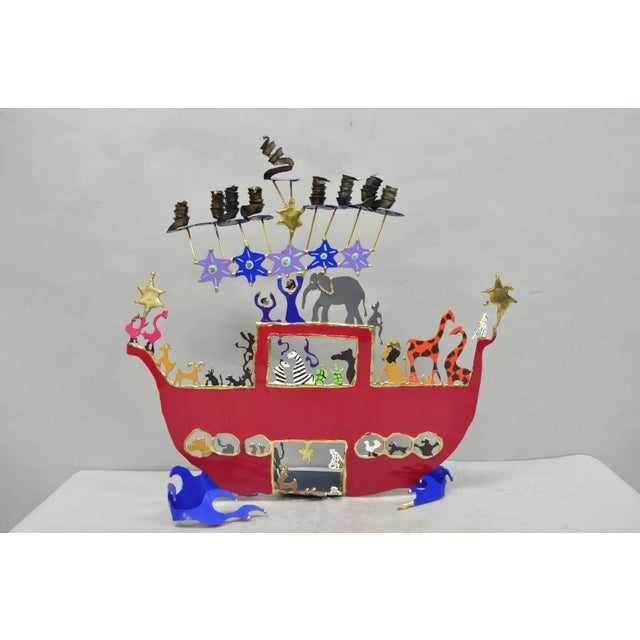 Modern Noah's Ark Cut Steel Judaica Art Hannukah Menorah Candelabra Sculpture For Sale - Image 16 of 18