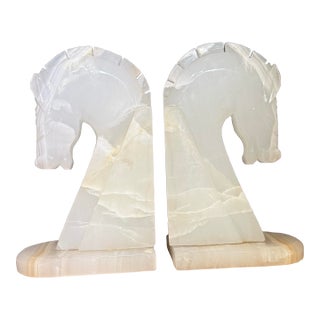 Vintage Onyx Stone Marble Horse Head Bookends Hand Carved 9” Set of 2 For Sale