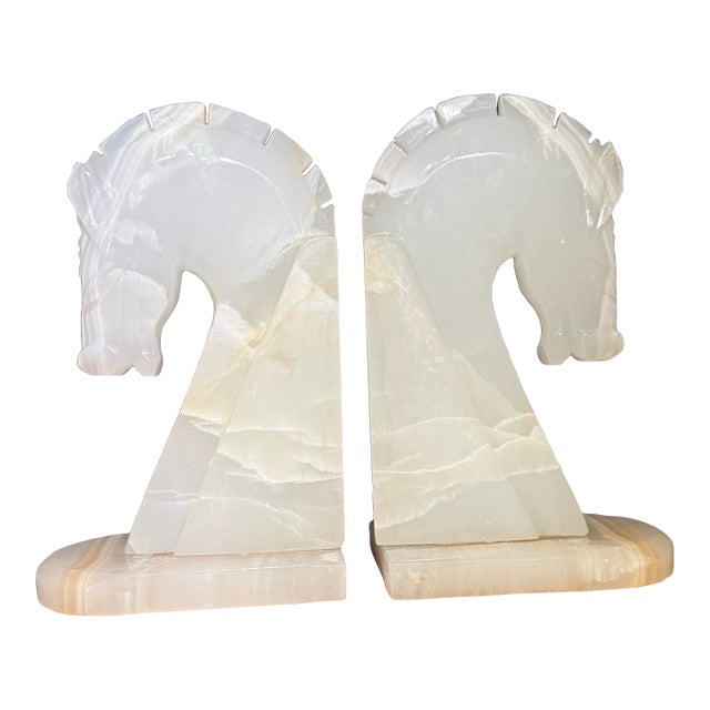 Vintage Onyx Stone Marble Horse Head Bookends Hand Carved 9” Set of 2 For Sale