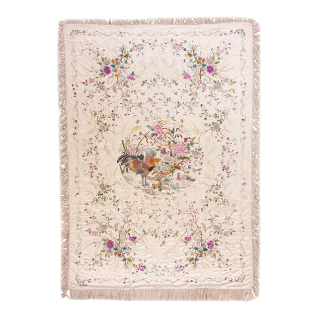 Beautiful Ivory Color With Lovely Floral Design Antique Chinese Silk Embroidery For Sale
