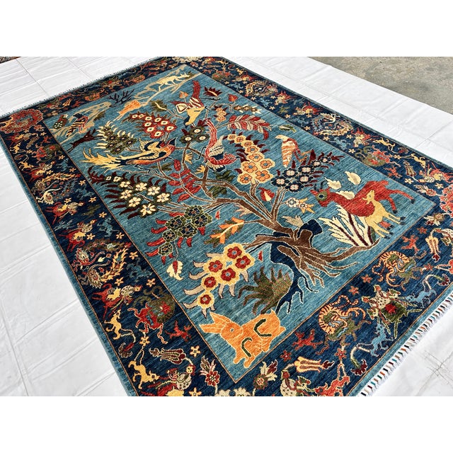 Islamic Blue Afghan Pictorial Tree of Life Hand-Knotted Wool Rug - 9'9" X 6'7" For Sale - Image 3 of 17