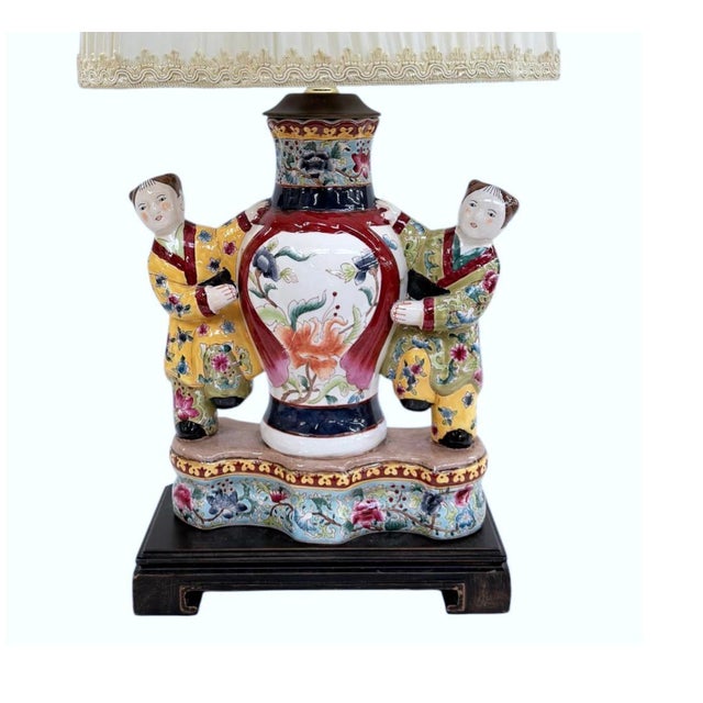 Pair of Antique Famille Rose Chinese Pottery Figural Designer Table Lamps.