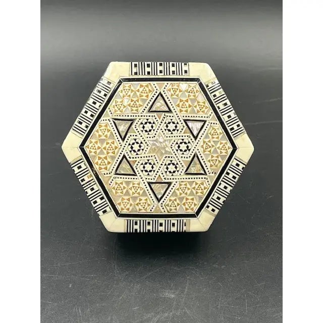 20th century crafted Middle Eastern lidded Khatam box. Six (6) sided beautifully crafted geometric Moorish Design....