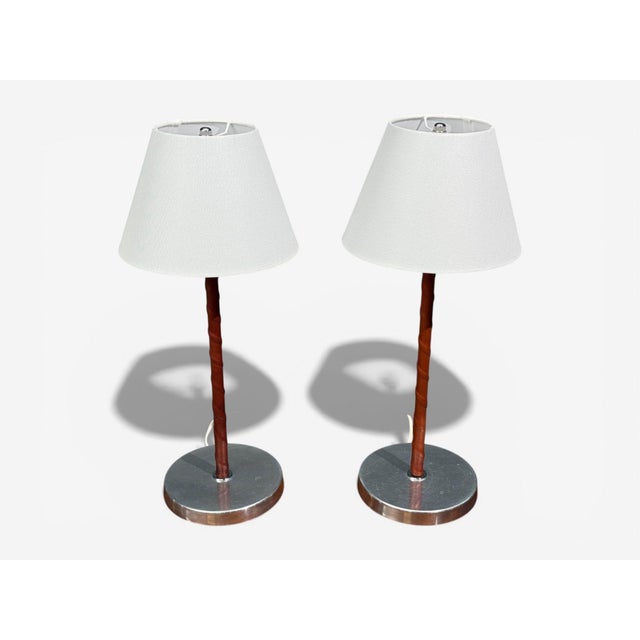 Mid-Century Modern 1960s Bergboms, Table Lamps, Leather, Nickel Plated, Sweden - a Pair For Sale - Image 3 of 9