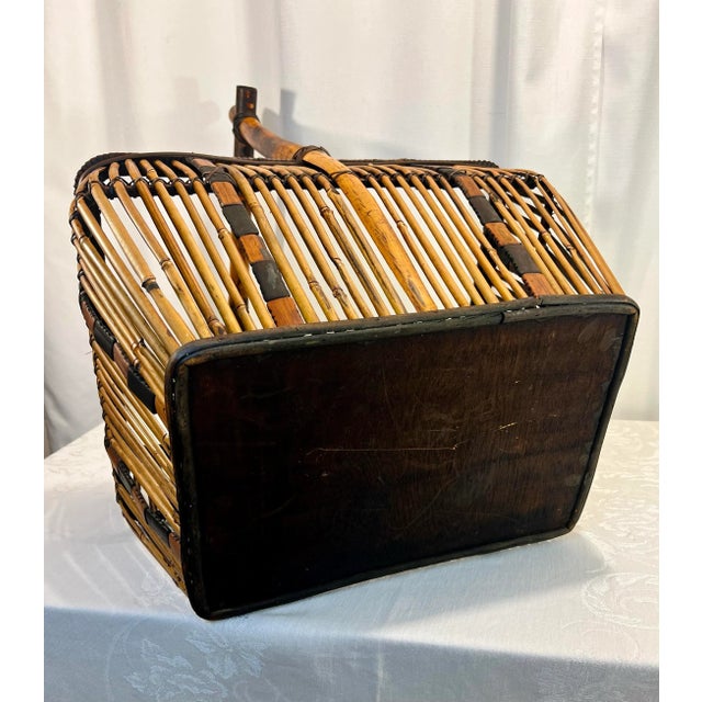 Brown Vintage Boho Chic Burnt Bamboo and Split Reed Basket For Sale - Image 8 of 8