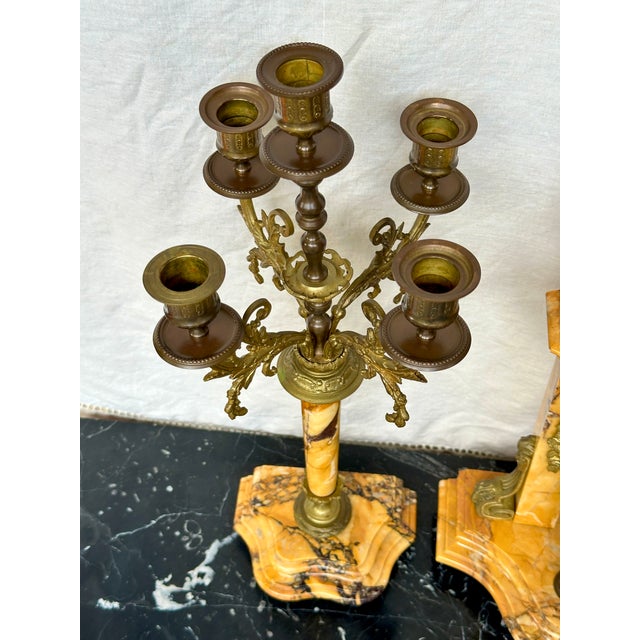 19th Century Louis XVI French Neoclassical Marble and Gilt Bronze Mantel Clock and 5 Arm Candelabra Garniture Set For Sale In Austin - Image 6 of 12