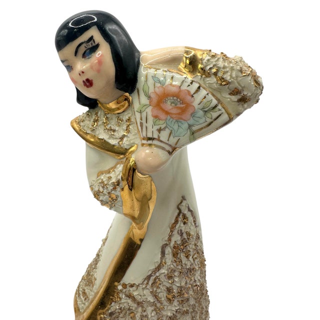 Mid-Century Modern Vintage 1949 Asian Figurine Set – Hand-Painted White & Gold For Sale - Image 3 of 12