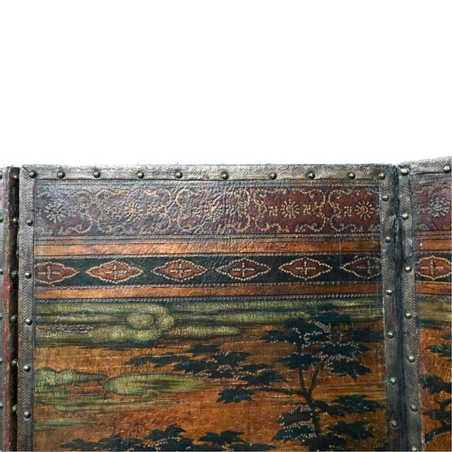 19th Century Chinoiserie Folding Screen, Hand-Painted Leather For Sale In Tampa - Image 6 of 10