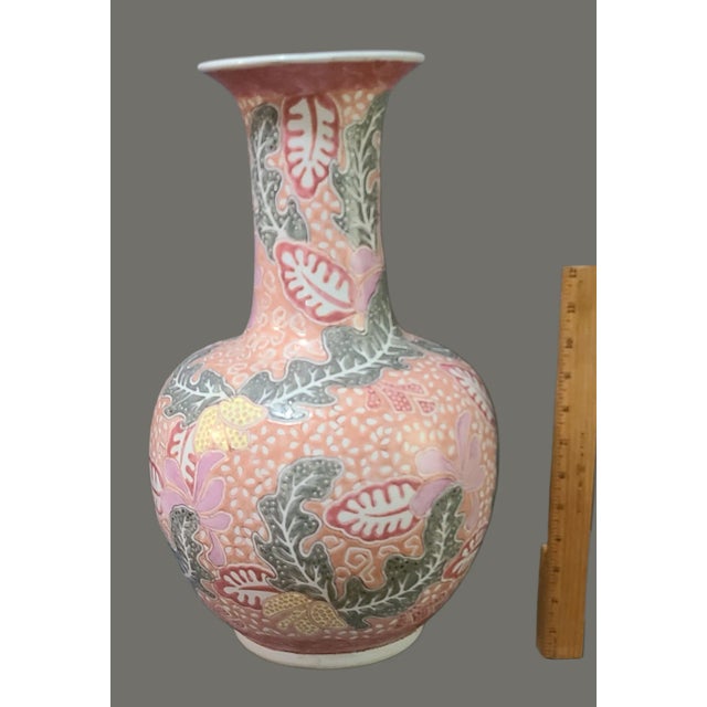 Contemporary Vintage Chinese Chinoiserie Colorful Painted Leaves Tall Floor Vase For Sale - Image 3 of 7