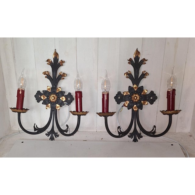 Vintage Rustic Wall Lamps with Wrought Iron Frame, 1970s, Set of 2, in Very Good conditions. Designed 1970 to 1979...