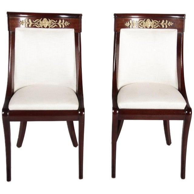 Hollywood Regency Antique Empire Style Mahogany Gondola Chairs with Gilded Bronze Appliqués, 1820, Set of 2 For Sale - Image 3 of 18