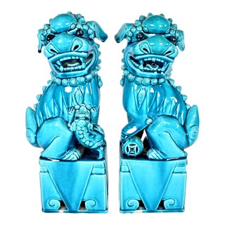 Oversized Pair of Early 20th C. Turquoise Blue Glazed Ceramic Foo Dogs, Pair For Sale