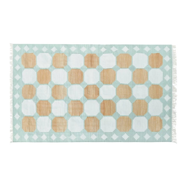 Mishka Rug, 4' x 6', Seaglass, Camel and White For Sale