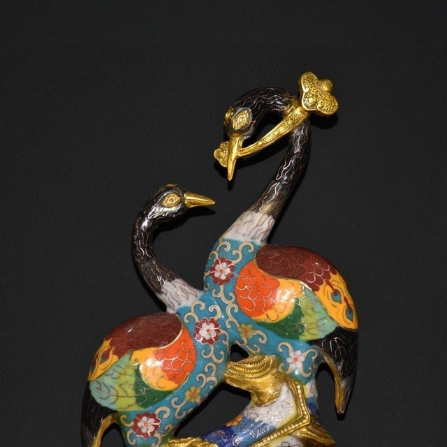 Cloisonne Enamel Crane Sculpture – 15" Pair of Red-Crowned Cranes on Rock Base For Sale In Los Angeles - Image 6 of 9