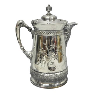 Antique Meriden Victorian LRG Silver Plated Floral Etched Pitcher, Engraved 1892 For Sale
