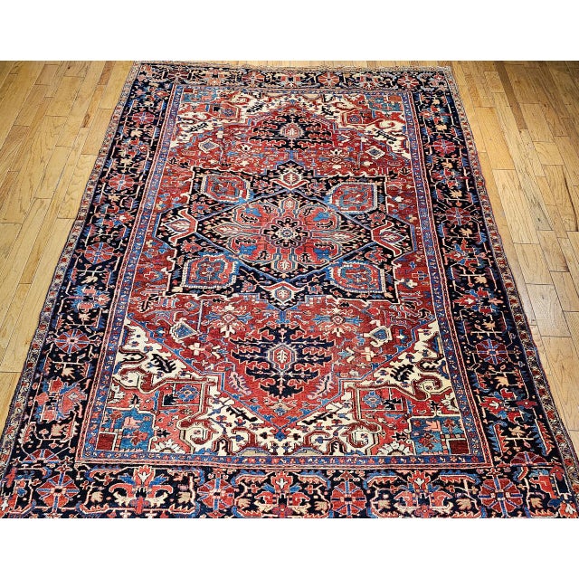 Vintage Persian Heriz Serapi Rug, Hand-Knotted Wool, Geometric Medallion Pattern, Red & Ivory, 10x12 For Sale In Chicago - Image 6 of 14