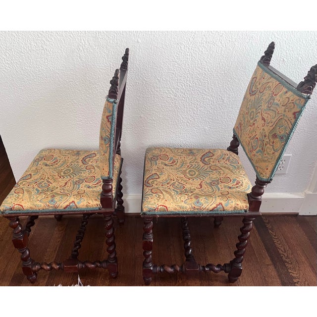 Late 19th Century Pair (2) Carved Oak Lion Heads Twisted Legs Modern Upholstery English Jacobean Revival Side Chairs For Sale In Dallas - Image 6 of 12