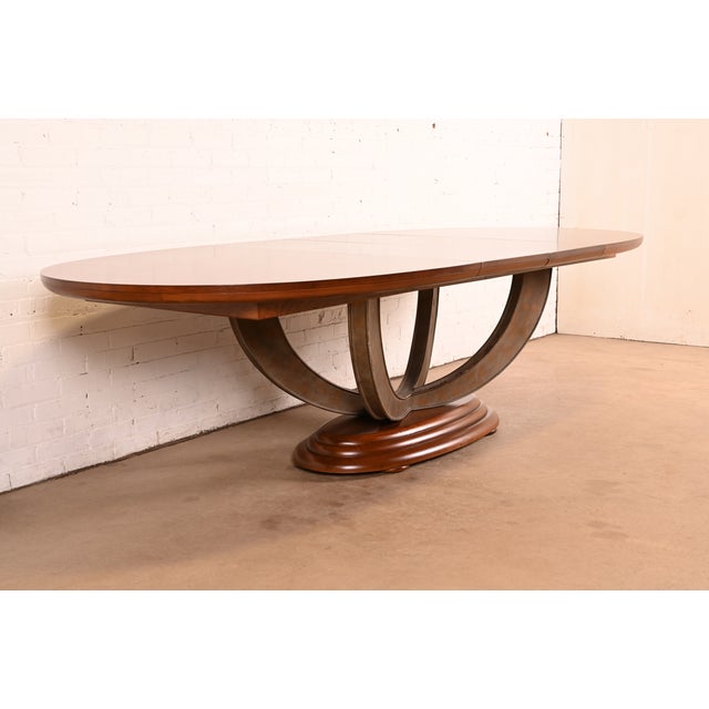 Henredon Henredon Art Deco Ash and Burl Wood Parquet Top Pedestal Extension Dining Table, Newly Refinished For Sale - Image 4 of 15