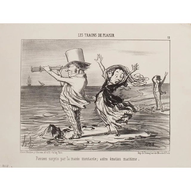 Parisiens surpris par la marée (…) is a b/w lithograph (plate n.13) from the satirical series “Les Trains de Plaisir”,...
