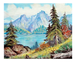 1990s "Sierra Mountains Reflecting on Lake Tahoe" Landscape Oil Painting by J. Conover
