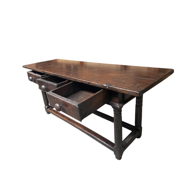 Spanish Walnut Refectory Table with Drawers, Wrought Iron Ball Handles and Turned Legs, 1600s For Sale - Image 3 of 9
