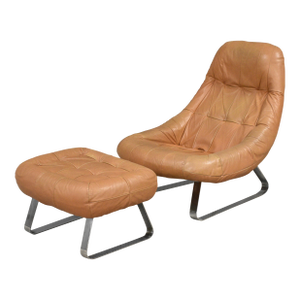 1970s Percival Lafer Leather and Chrome Earth Lounge Chair and Ottoman