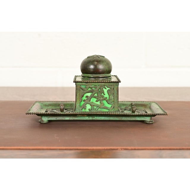Apollo Studios New York Arts & Crafts Grapevine Pattern Bronze and Slag Glass Inkwell With Pen Holder For Sale - Image 14 of 14