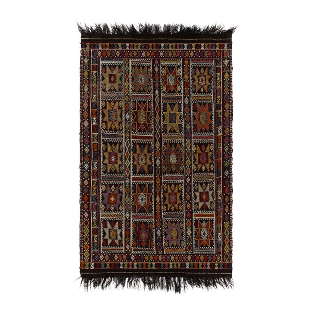 1950s Vintage Kilim Tribal Rug in Black, Multicolor Geometric by Rug & Kilim For Sale