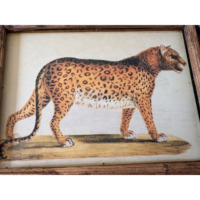 Wood British Colonial Style Elephant and Leopard Prints in Bamboo-Style Wood Frames Safari Decor — A Pair For Sale - Image 7 of 9