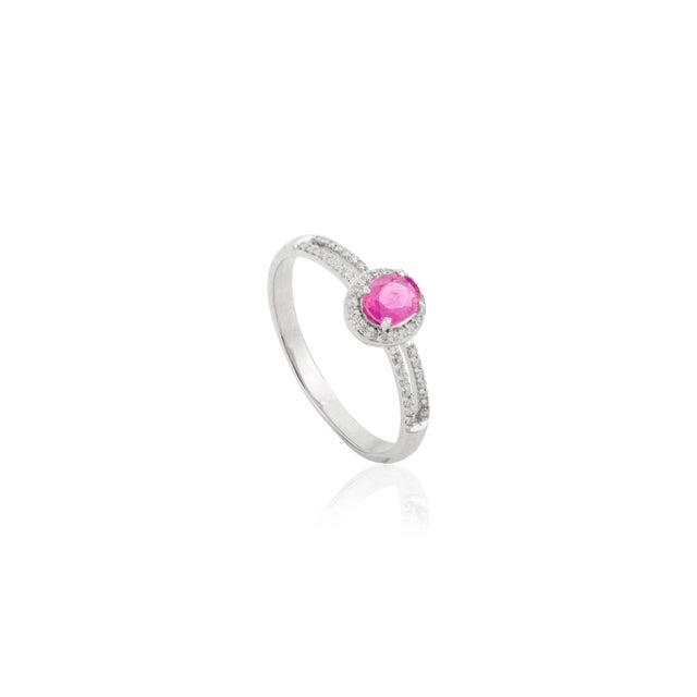 Contemporary 14k White Gold Genuine Oval Ruby Diamond Halo Split Band Ring Size 5.5 For Sale - Image 3 of 11