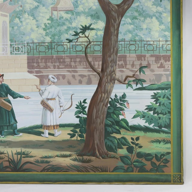 Large Vintage Chinoiserie Decorative Painting With Archers and Ornamental Pagoda For Sale In New York - Image 6 of 10
