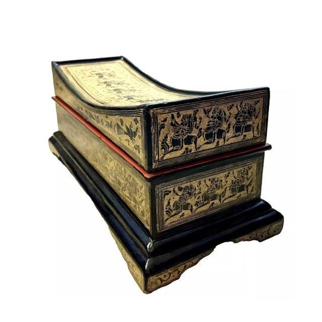 Antique Hand Made Highly Decorated Burmese Gilded Wood Lacquerware Pillow Box For Sale In Greenville, SC - Image 6 of 10