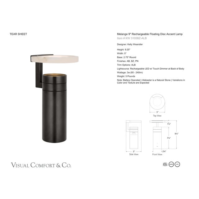 Kelly Wearstler by Visual Comfort Signature Melange 9" Rechargeable Floating Disc Accent Lamp in Bronze with Alabaster...