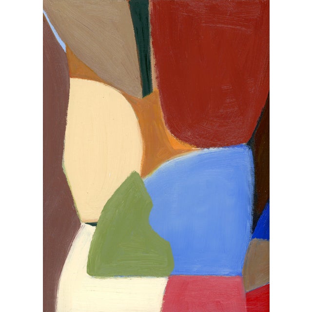 A striking abstract layered in rich, thick hues of creams, green, blue, red and brilliantly anchored with rich brown...