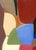 A striking abstract layered in rich, thick hues of creams, green, blue, red and brilliantly anchored with rich brown...