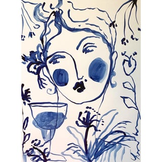 Flowers & Wine in Indigo Painting For Sale