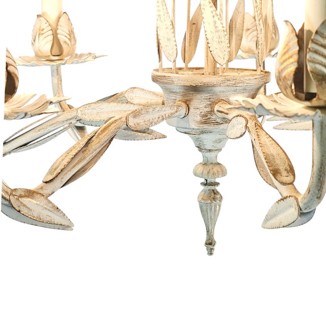 Italian Tole 6-Arm Palm Leaf Chandelier in Painted White Metal, C. 1970s For Sale - Image 9 of 16