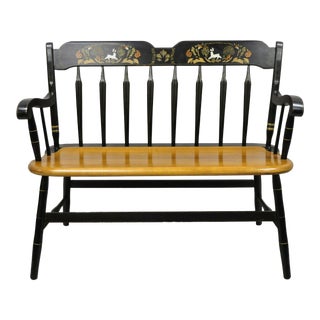 Vintage Hitchcock Deacon Arrow Back Bench Black Maple Birch Stencil Ethan Allen For Sale