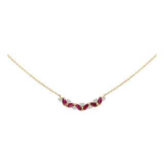 14K Yellow Gold Red Ruby and Diamond Trio Bar Line Necklace For Sale
